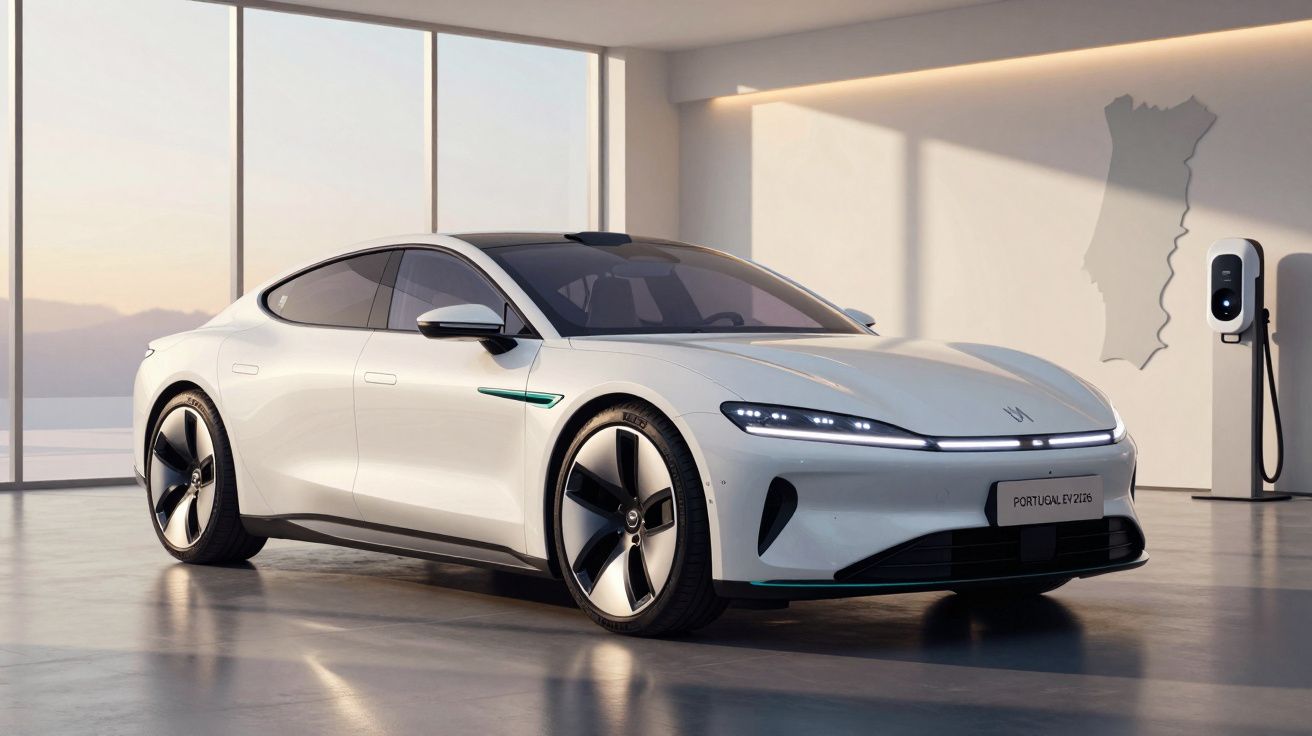 Carro elétrico moderno branco estacionado numa sala com carregador e mapa de Portugal na parede.