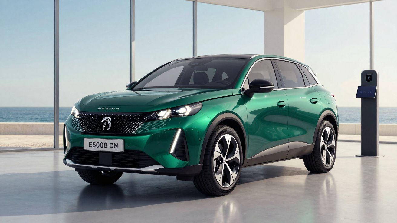 Peugeot 5008 elétrico verde estacionado junto a posto de carregamento numa garagem com vista para o mar.