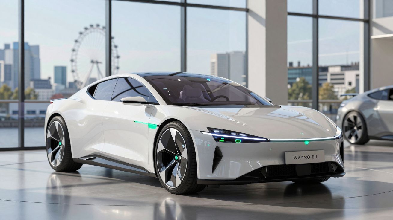 Carro elétrico desportivo branco estacionado em showroom com janelas panorâmicas e roda gigante ao fundo.