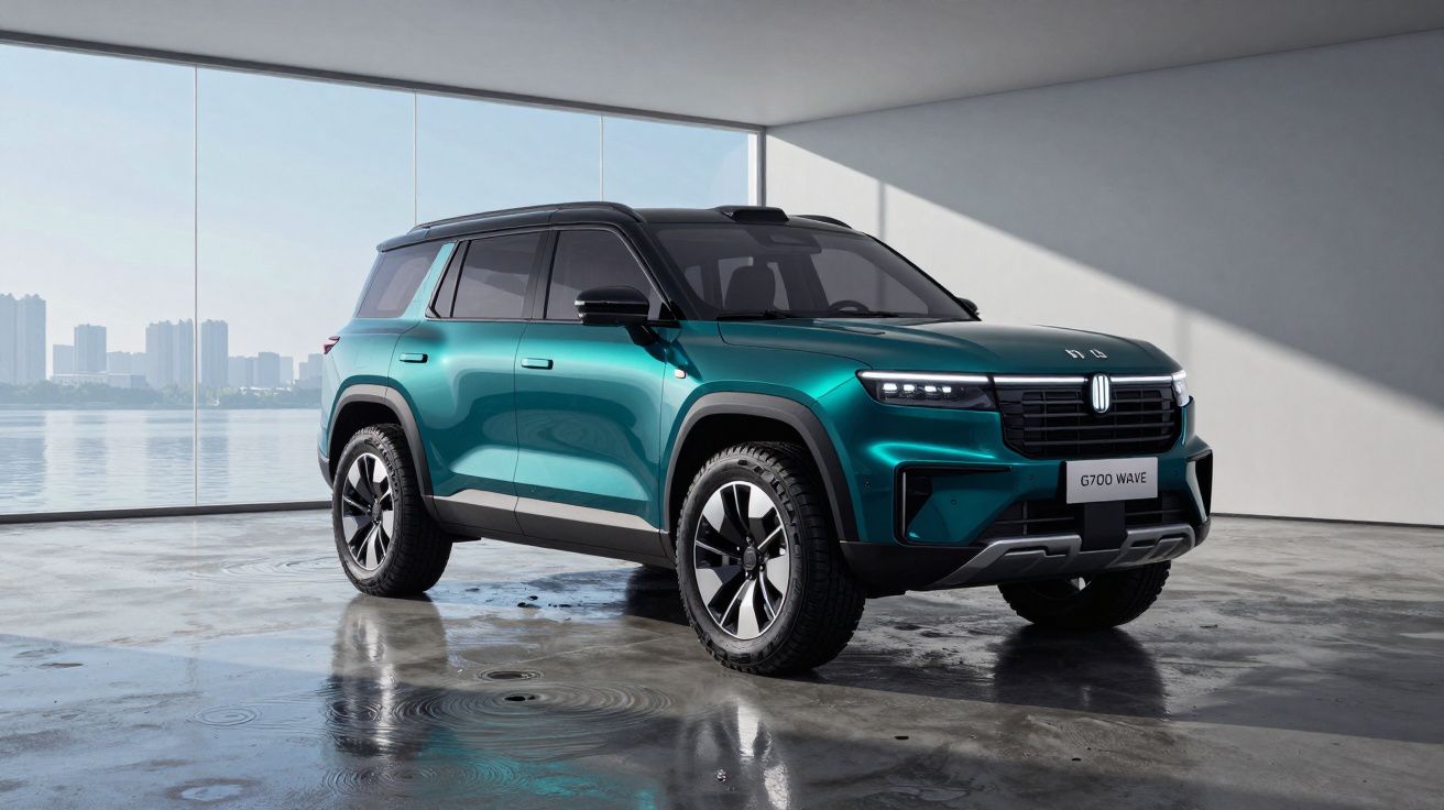 SUV elétrico verde com tejadilho preto estacionado em garagem com grandes janelas e vista urbana.