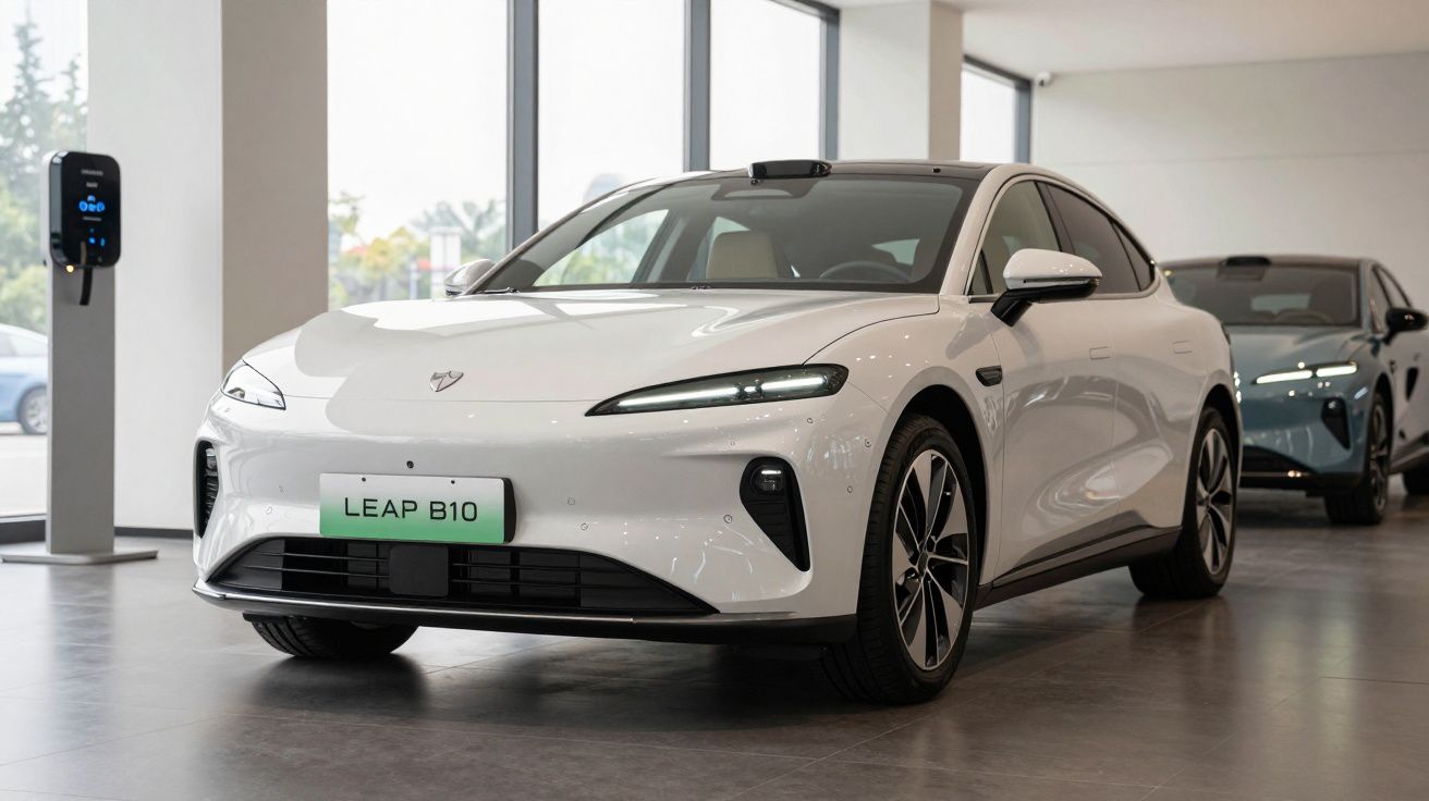 Carro elétrico branco LEAP B10 estacionado em espaço interior com carregador elétrico ao lado.