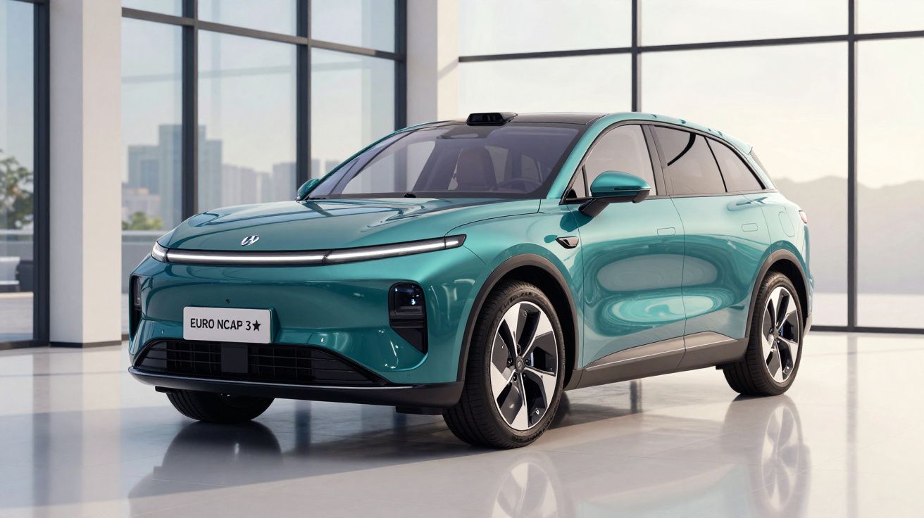 Carro elétrico SUV azul esverdeado estacionado em espaço moderno com janelas grandes e iluminação natural.