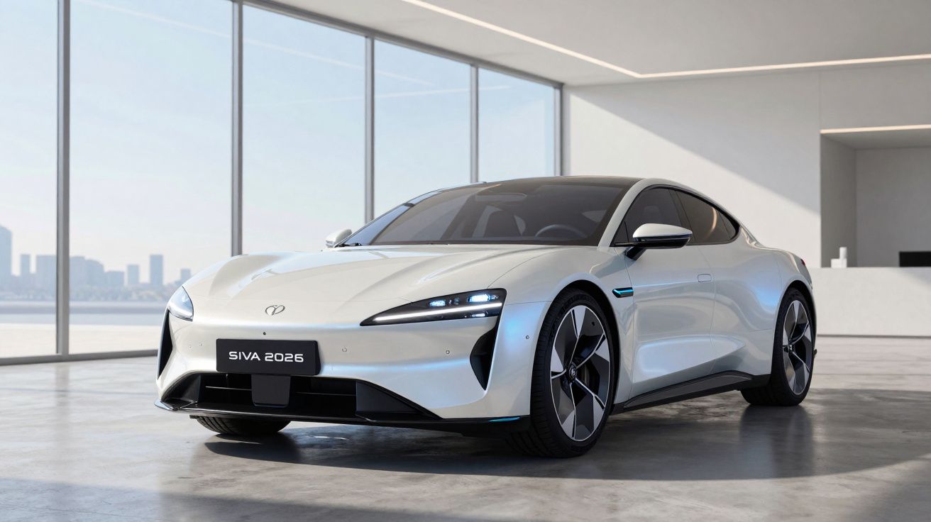 Carro desportivo elétrico branco SIVA 2026 num showroom moderno com grandes janelas de vidro.