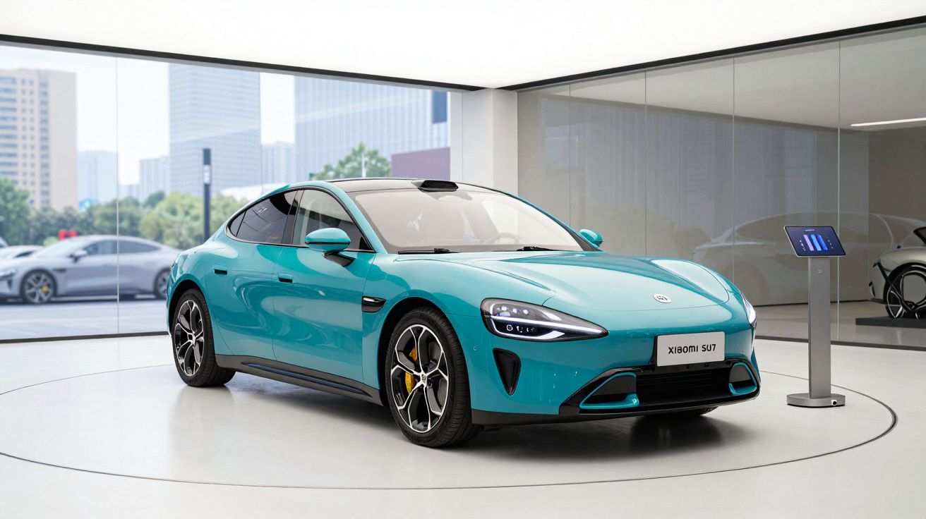 Automóvel elétrico azul turquesa modelo X180 Plus SU7 exibido em showroom com montra panorâmica urbana.