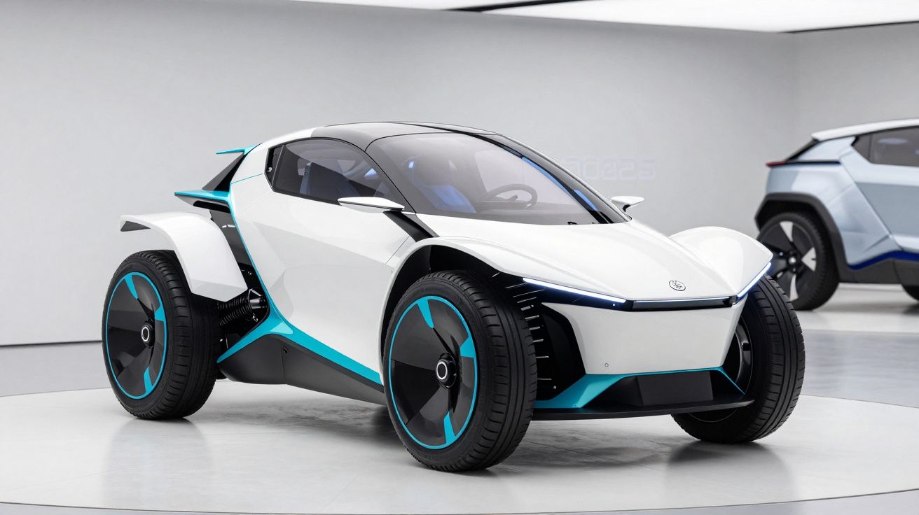 Carro eléctrico futurista branco com detalhes azuis, design compacto e rodas grandes, em exposição interior.