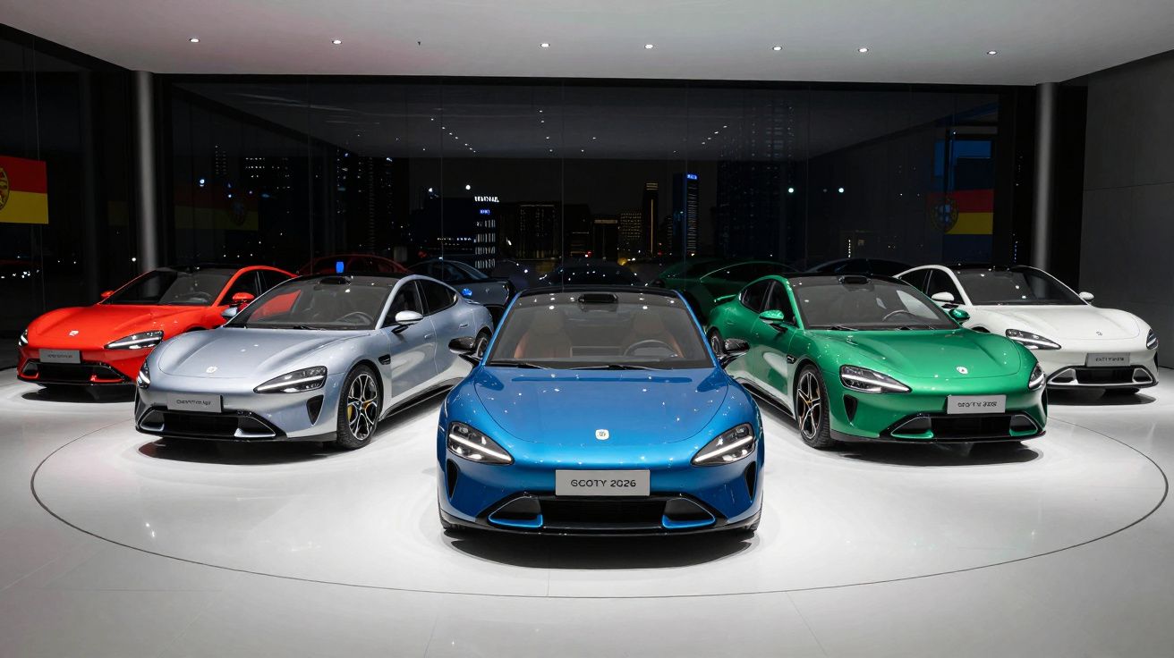 Cinco carros desportivos elétricos de várias cores expostos em showroom moderno com iluminação direta.