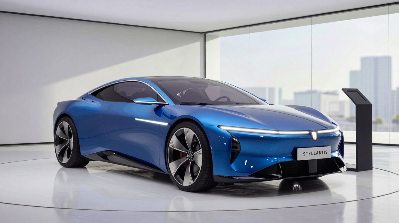 Carro desportivo elétrico azul brilhante em exposição moderna com janela panorâmica e placa Stellantis.