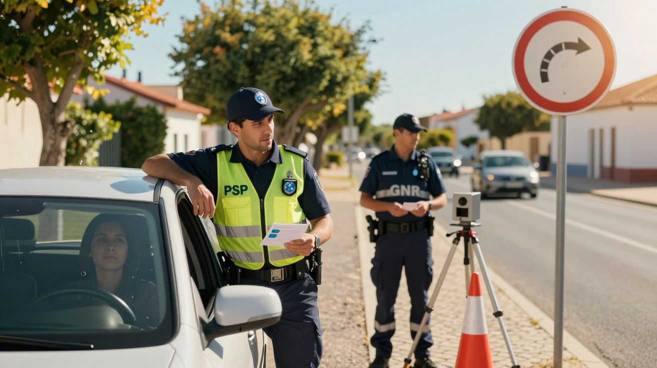 Dois polícias portugueses fazem controle de velocidade numa rua residencial, com radar e automóvel parado.