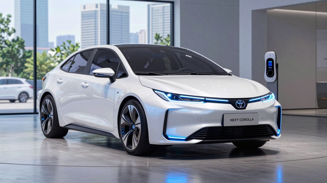 Carro elétrico branco Toyota Next Corolla em exposição num espaço moderno com carregador elétrico ao fundo.