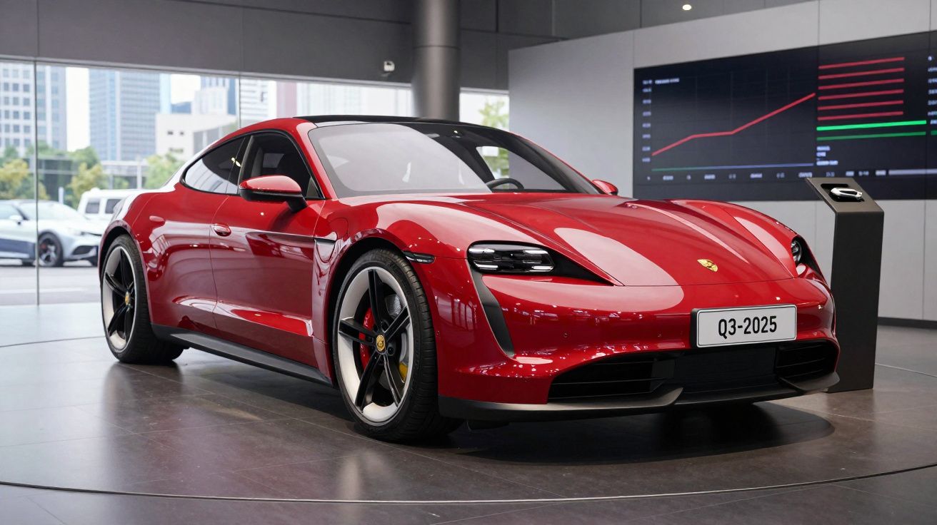 Carro desportivo elétrico vermelho Porsche Taycan exposto em salão com fundo urbano e gráfico digital.