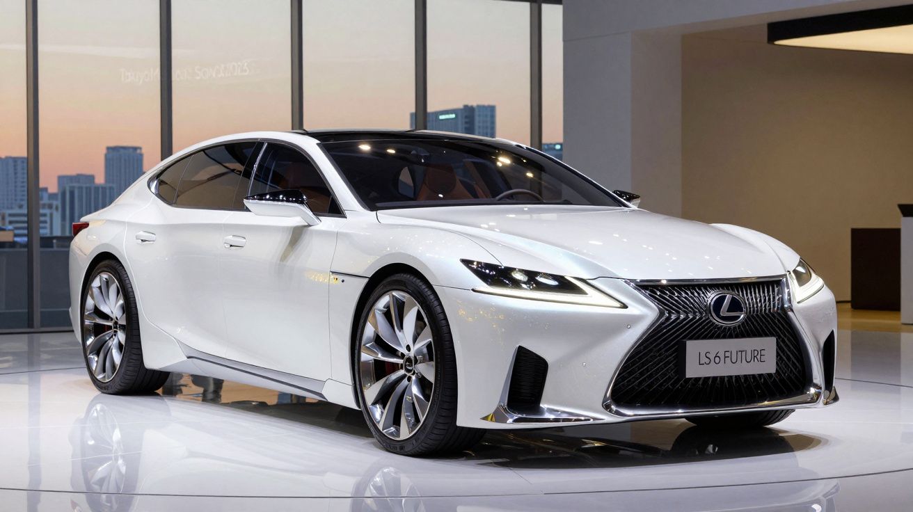 Carro eléctrico branco Lexus LS 6 Future exibido num salão de automóveis moderno com grandes janelas.