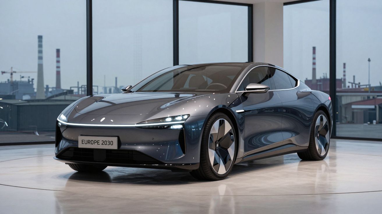 Carro elétrico cinza escuro futurista estacionado dentro de um showroom com grandes janelas vidradas.