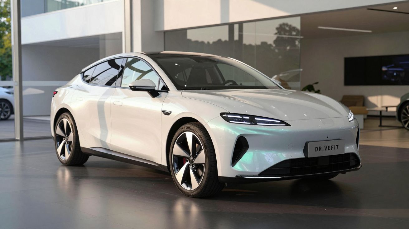 Carro elétrico branco com design moderno exibido em showroom minimalista e iluminado.