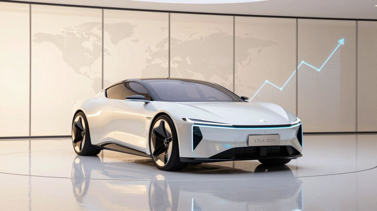 Carro elétrico branco de design futurista em ambiente moderno com gráfico de crescimento projetado no fundo.