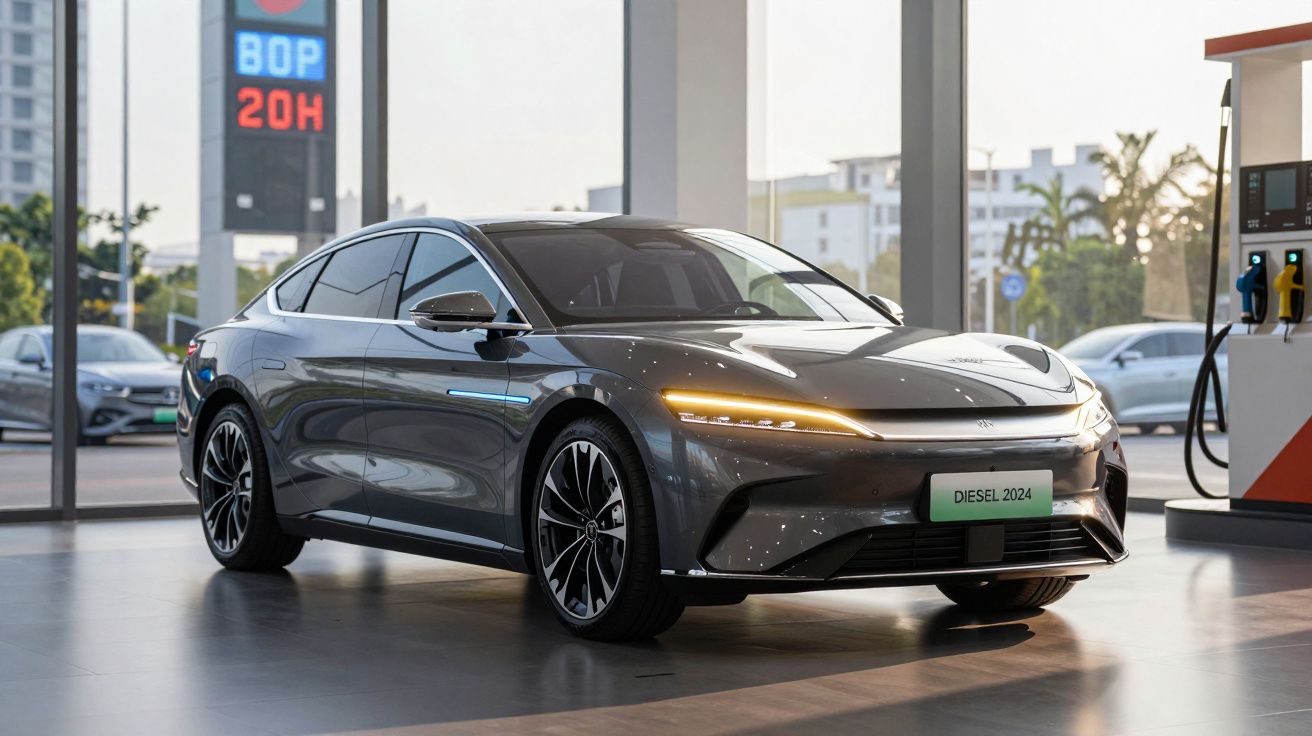 Carro elétrico cinza brilhante estacionado numa garagem moderna com luzes LED acesas à frente.