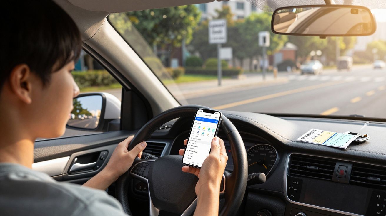 Pessoa a conduzir um carro a olhar para um telemóvel que está na mão, com ruas e árvores ao fundo.