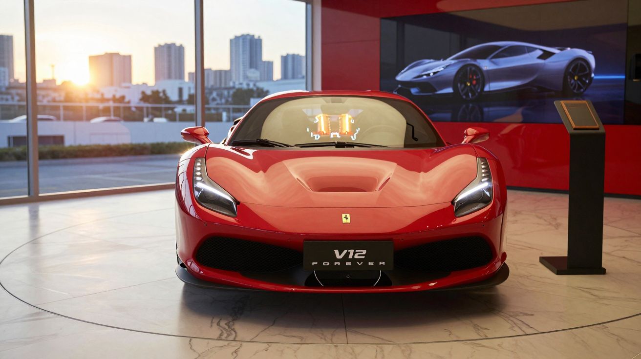 Carro desportivo vermelho Ferrari V12 exposto em showroom moderno com paredes vermelhas e cityscape ao fundo.