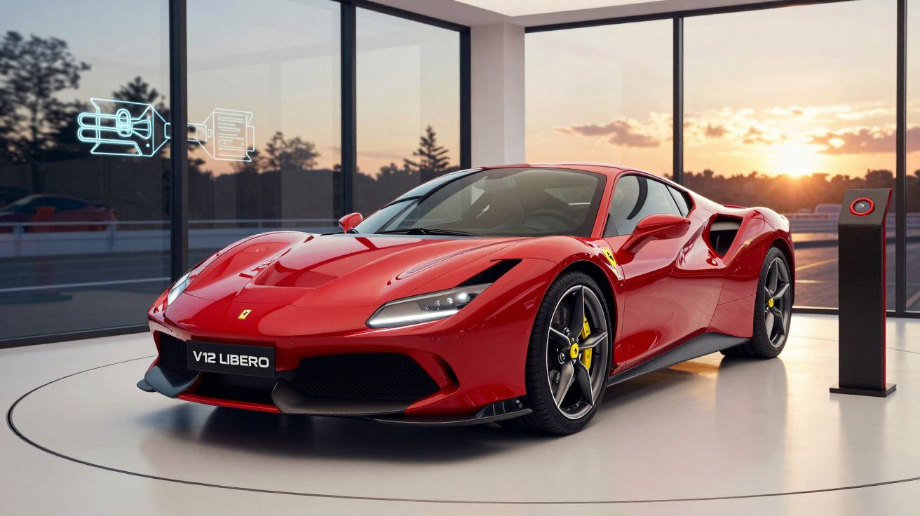 Carro desportivo vermelho Ferrari V12 Libero estacionado em espaço moderno com grandes janelas e pôr do sol.