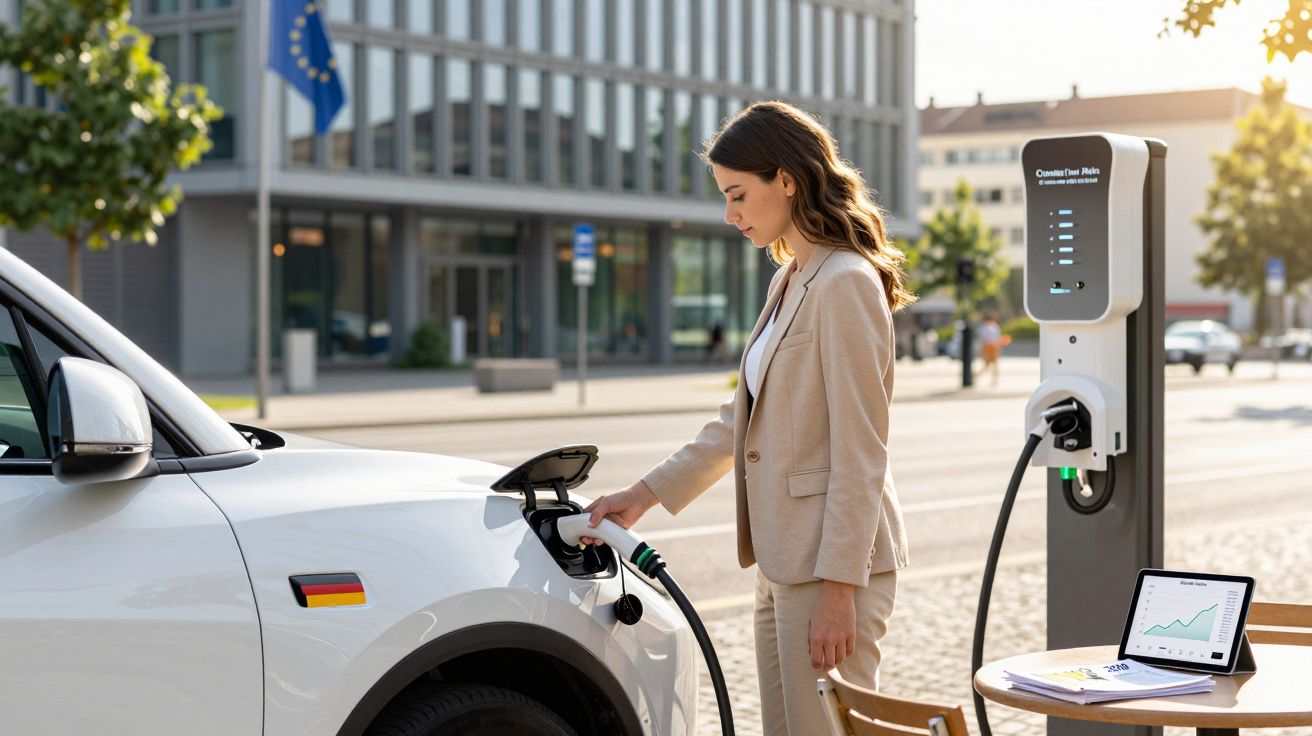 Mulher a carregar carro elétrico branco numa estação de carregamento ao ar livre numa cidade.
