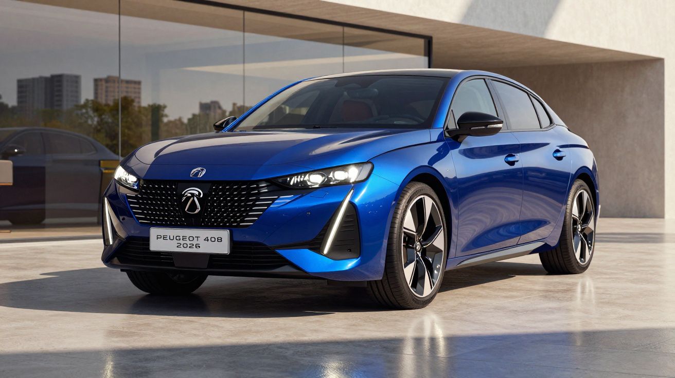 Peugeot 408 2026 azul metalizado estacionado frente a edifício moderno com grandes janelas de vidro.