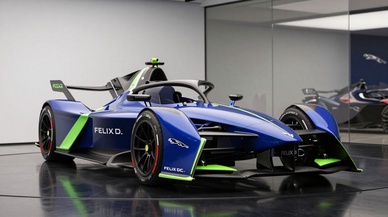 Carro de corrida elétrico azul com detalhes verdes e preto, em exposição com espelhos ao fundo.