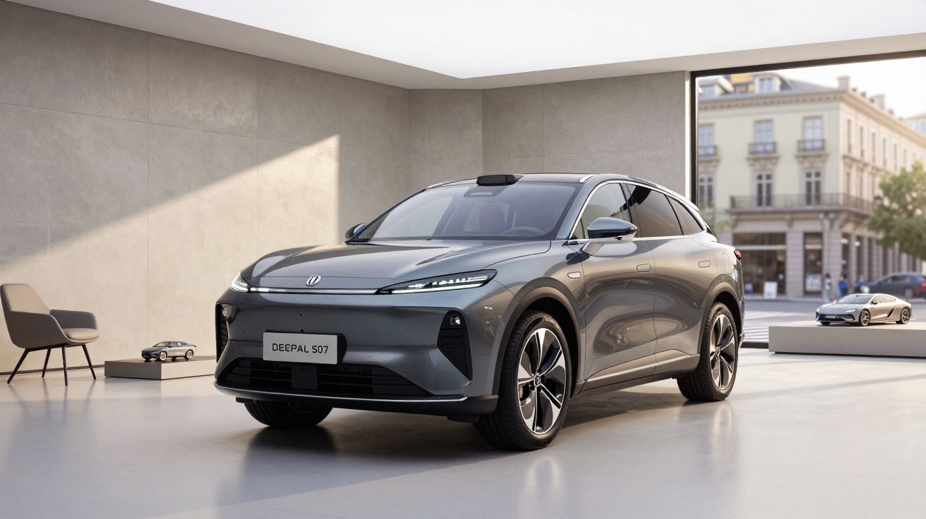 Automóvel elétrico cinzento Deepal S07 estacionado numa sala moderna e iluminada, com modelos em miniatura ao redor.