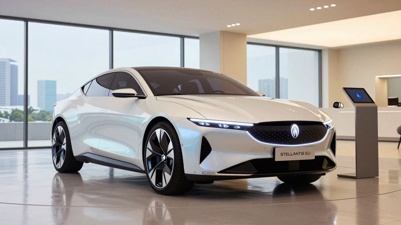 Automóvel elétrico branco com design futurista em exposição numa sala moderna com grandes janelas.