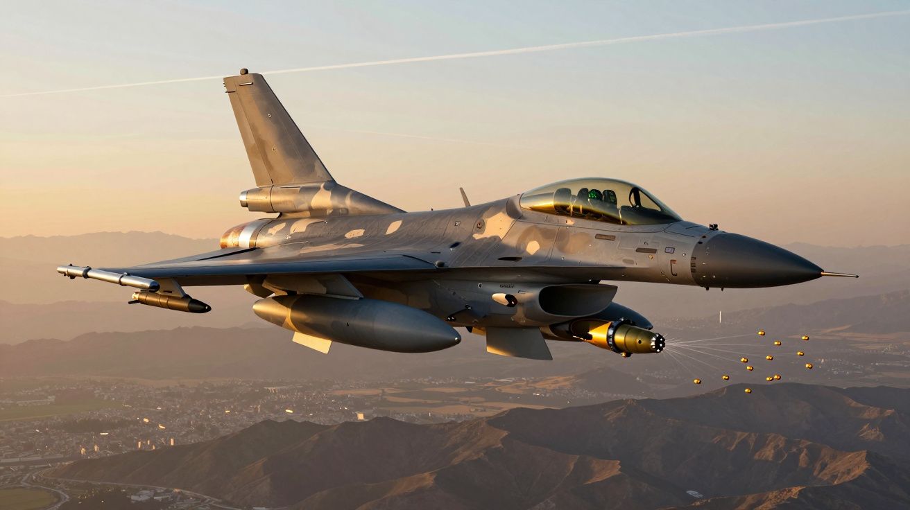 Caça militar F-16 a lançar chaffs em voo sobre montanhas ao pôr do sol.