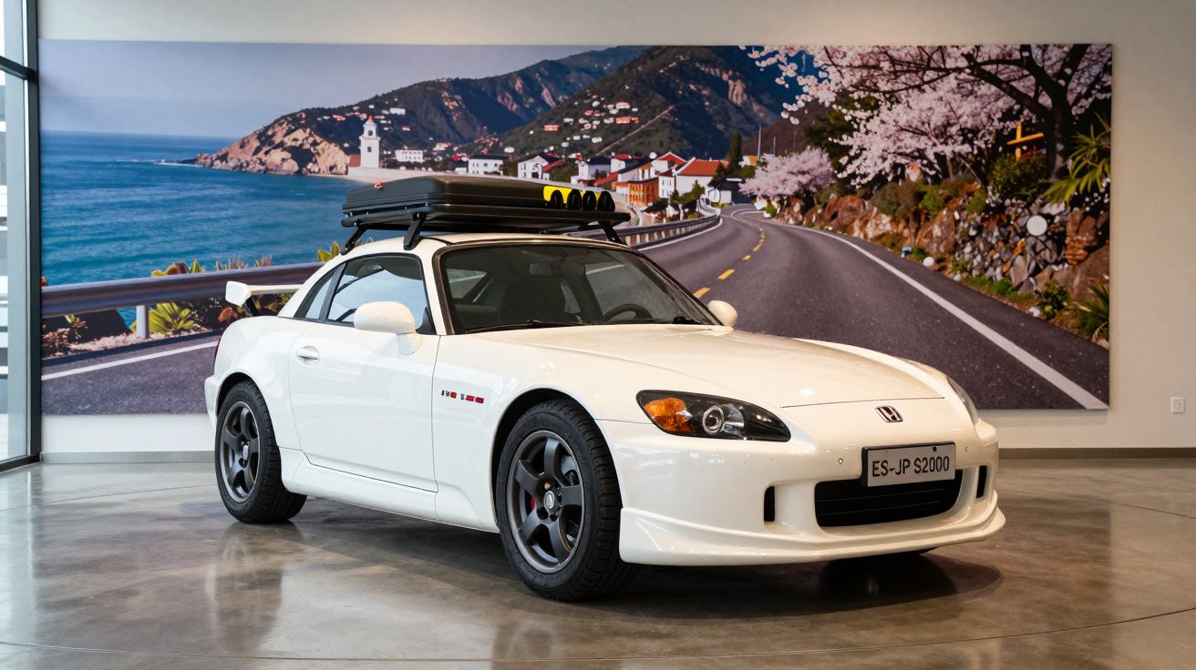 Carro desportivo branco Honda S2000 com suporte no tejadilho, em exibição num espaço interior com imagem de estrada costeira 