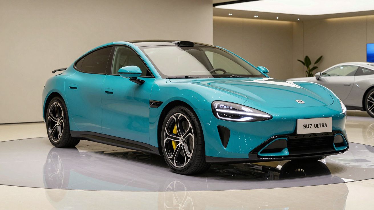 Carro elétrico desportivo azul turquesa em exposição numa sala moderna, com faróis LED ligados.