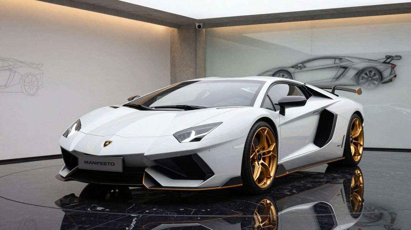 Carro desportivo Lamborghini branco com jantes douradas exposto em showroom moderno e minimalista