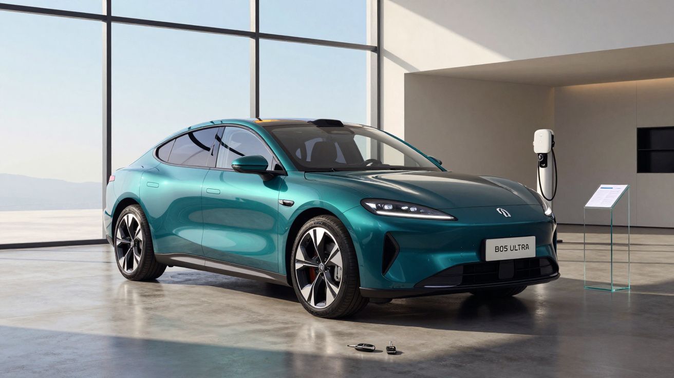 Carro elétrico desportivo verde estacionado em interior moderno com carregador de bateria ao lado.