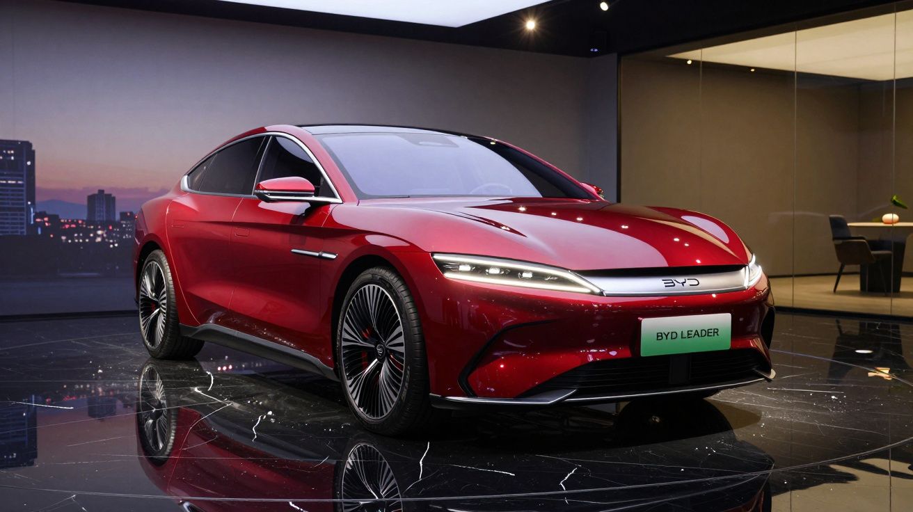 Carro elétrico BYD Leader vermelho brilhante exibido num salão moderno com chão refletor e fundo urbano ao anoitecer.