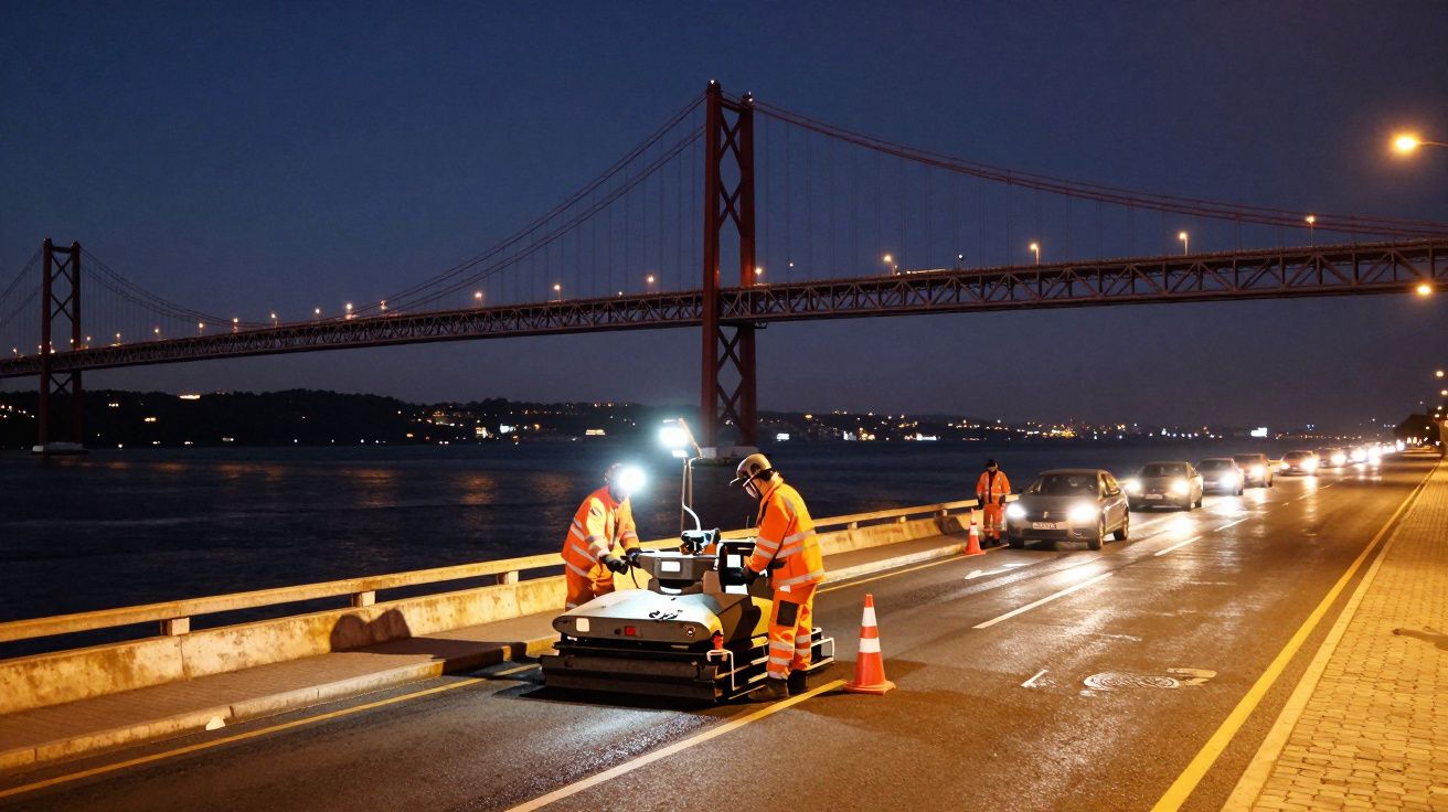 Trabalhadores com coletes refletivos a reparar estrada à noite perto de uma ponte iluminada.