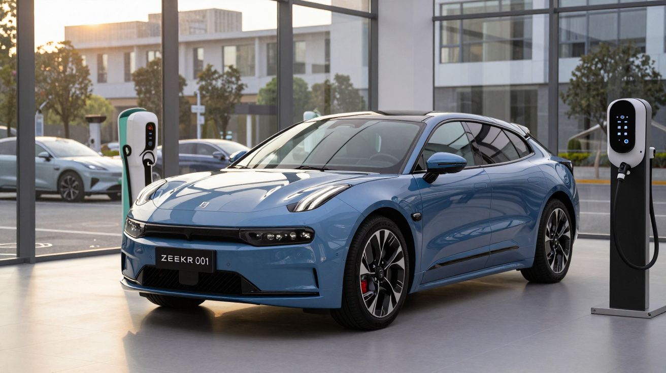 Automóvel elétrico azul ZEEKR 001 estacionado em showroom com carregadores elétricos ao lado.