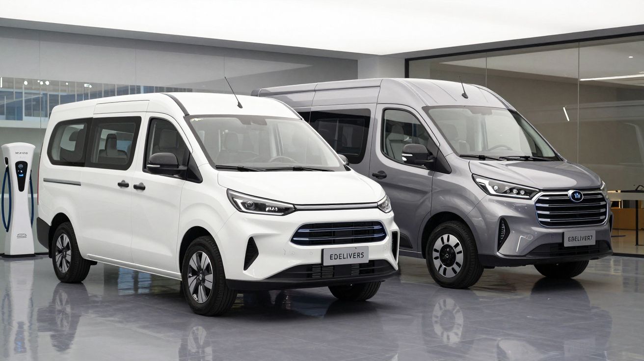 Duas carrinhas elétricas modernas, uma branca e outra cinza, estacionadas numa sala de exposição com carregador ao lado.