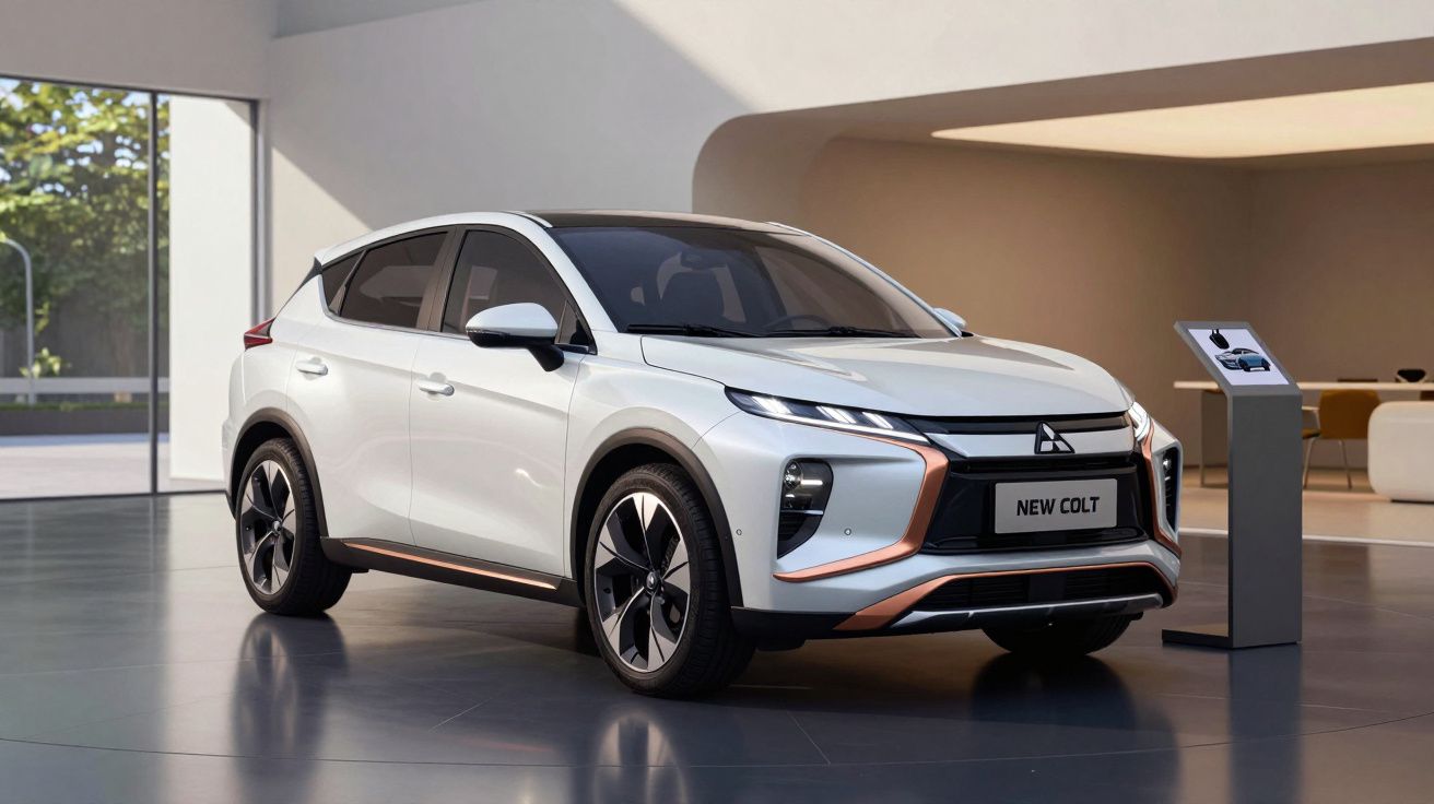 Carro elétrico Mitsubishi New Colt branco exposto em salão moderno com chão brilhante e luz natural.