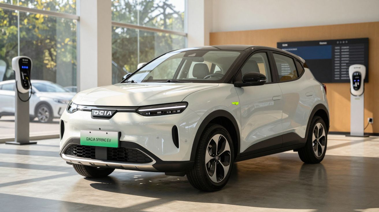 Carro elétrico Dacia Spring EV branco exposto numa sala luminosa com postos de carregamento elétrico ao fundo.