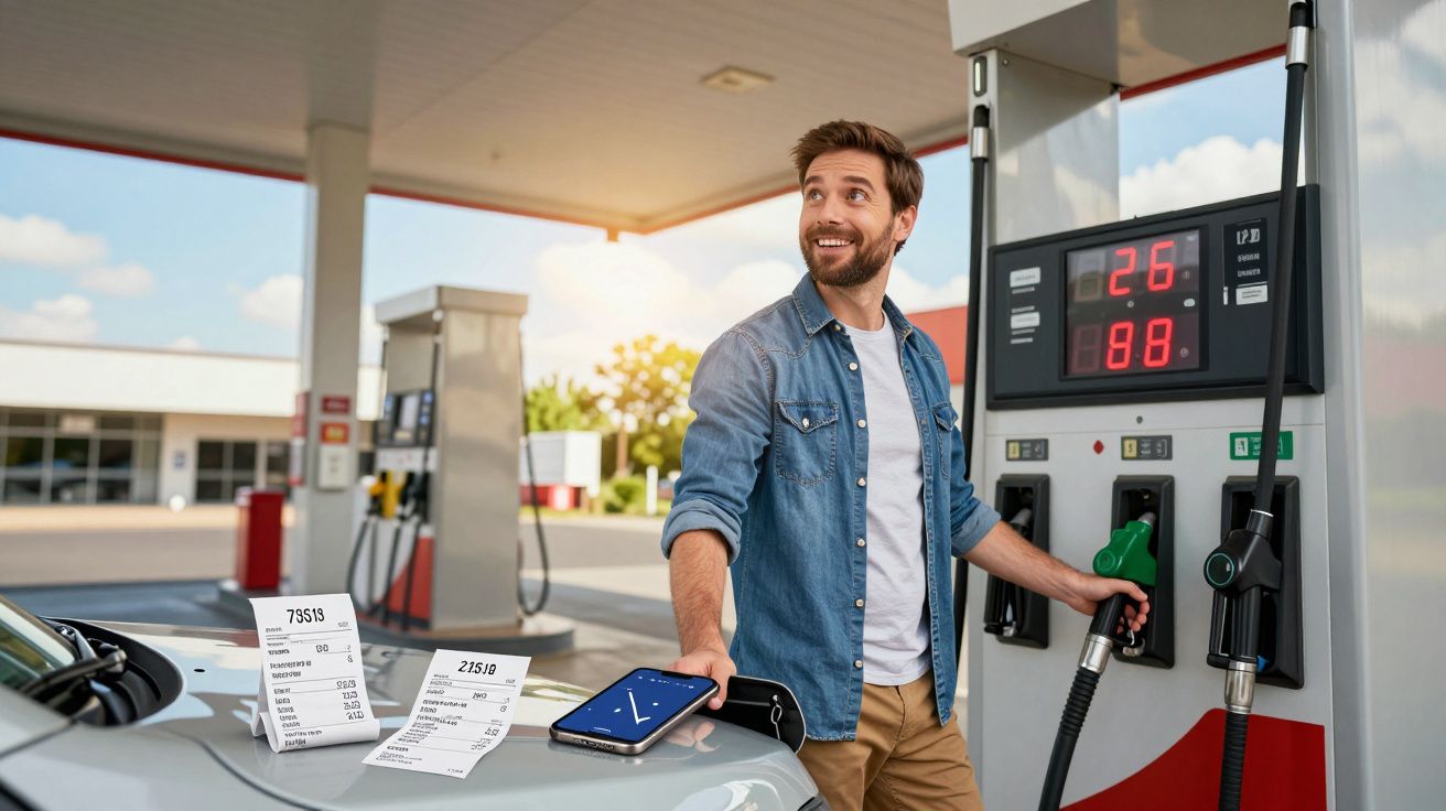 Homem sorridente a abastecer o carro numa bomba de gasolina, com telemóvel e recibos sobre o capot.