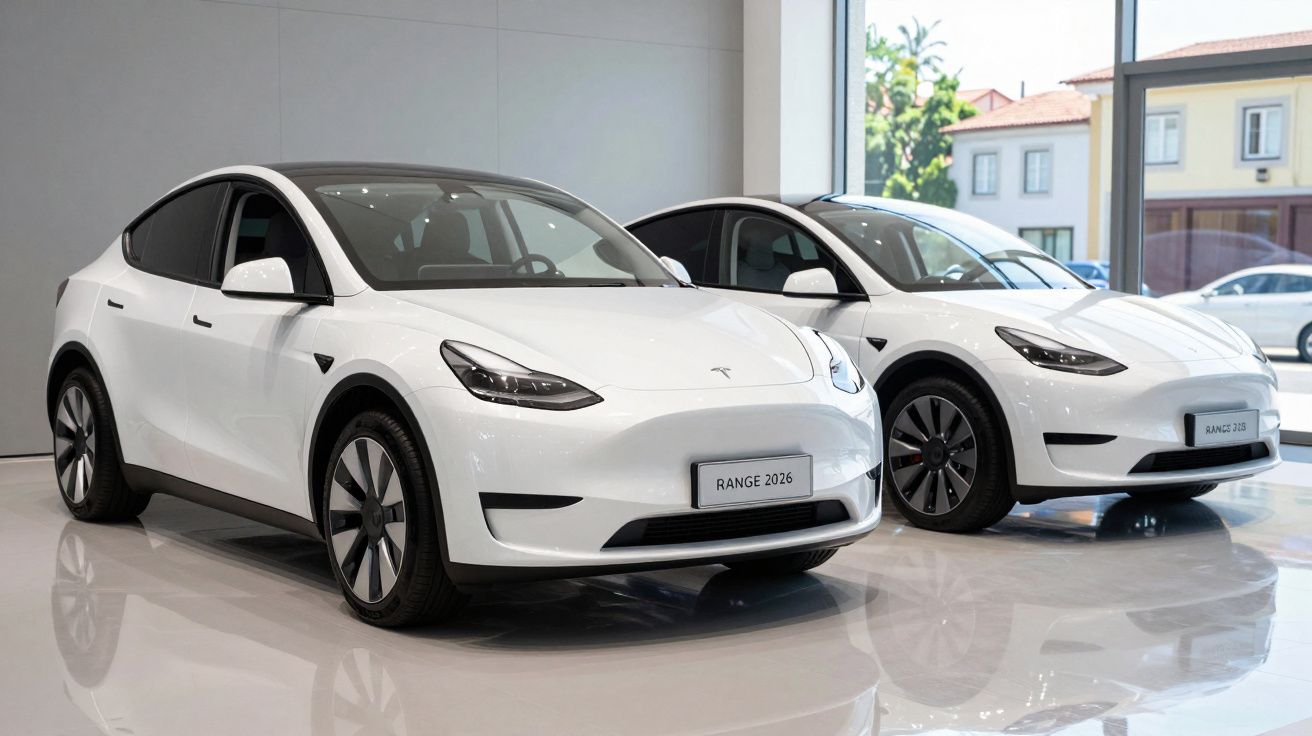 Dois carros elétricos brancos Tesla Model Y expostos em showroom com chão brilhante e iluminação natural.