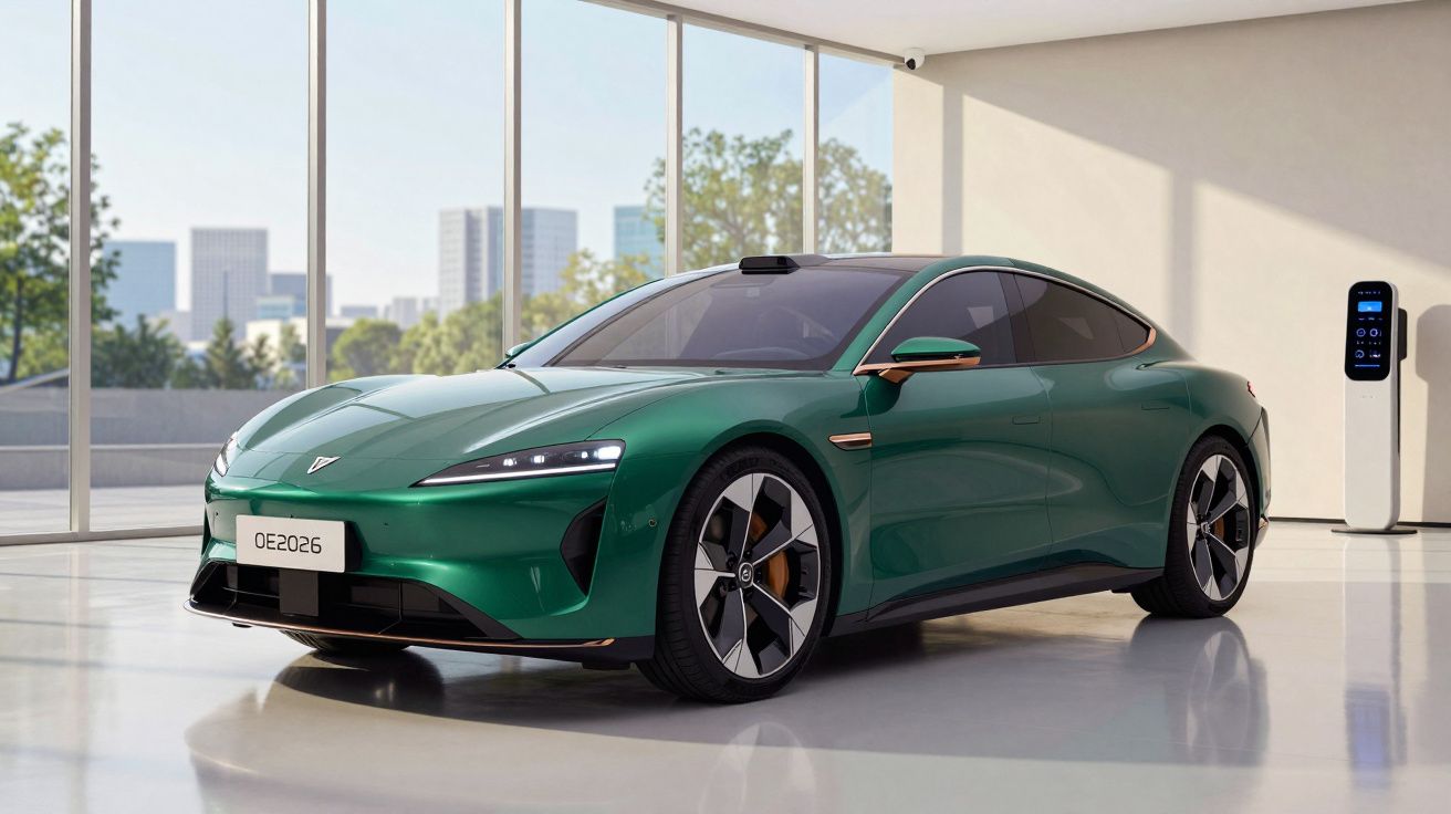 Carro elétrico desportivo verde estacionado num espaço moderno com grandes janelas e carregador elétrico.