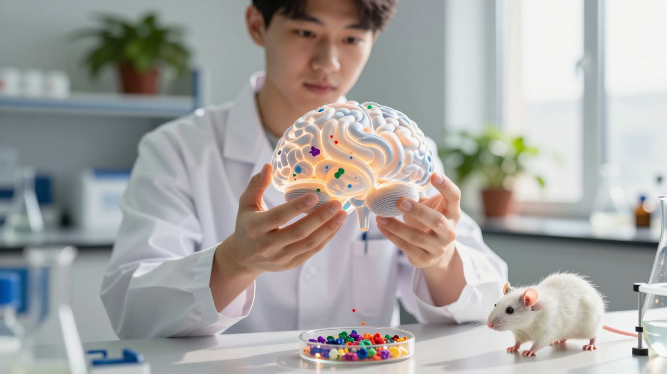 Investigador em laboratório segura modelo de cérebro iluminado com rato branco próximo numa mesa.