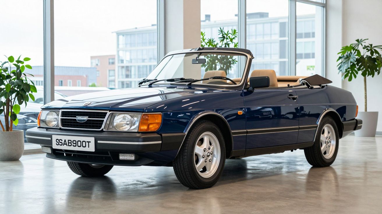 Carro clássico descapotável Saab 900T azul escuro, interior bege, em showroom moderno com plantas.