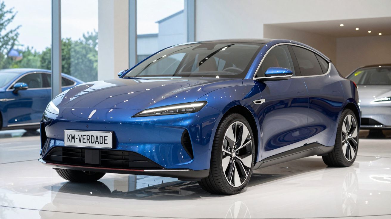 Carro elétrico azul exposto num salão, com design moderno e jantes aerodinâmicas.