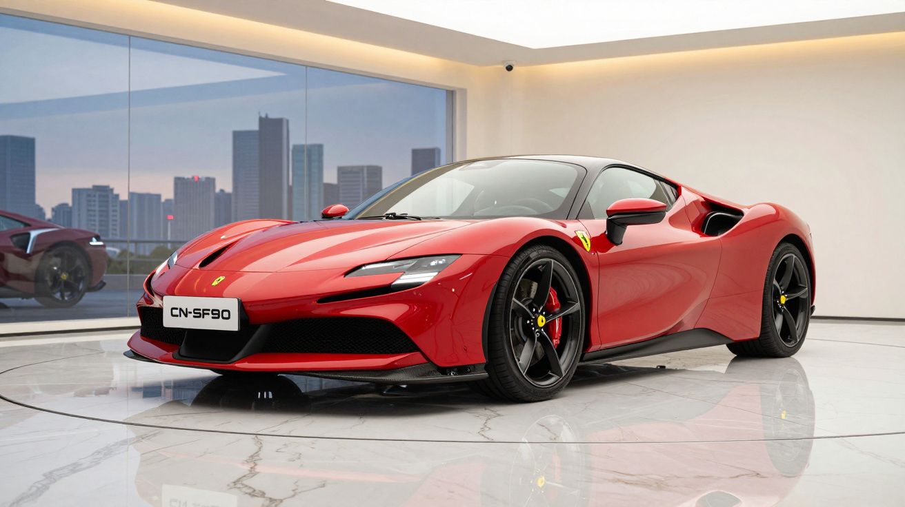 Carro desportivo vermelho Ferrari CN-SF90 em exposição com vidro e edifícios ao fundo.