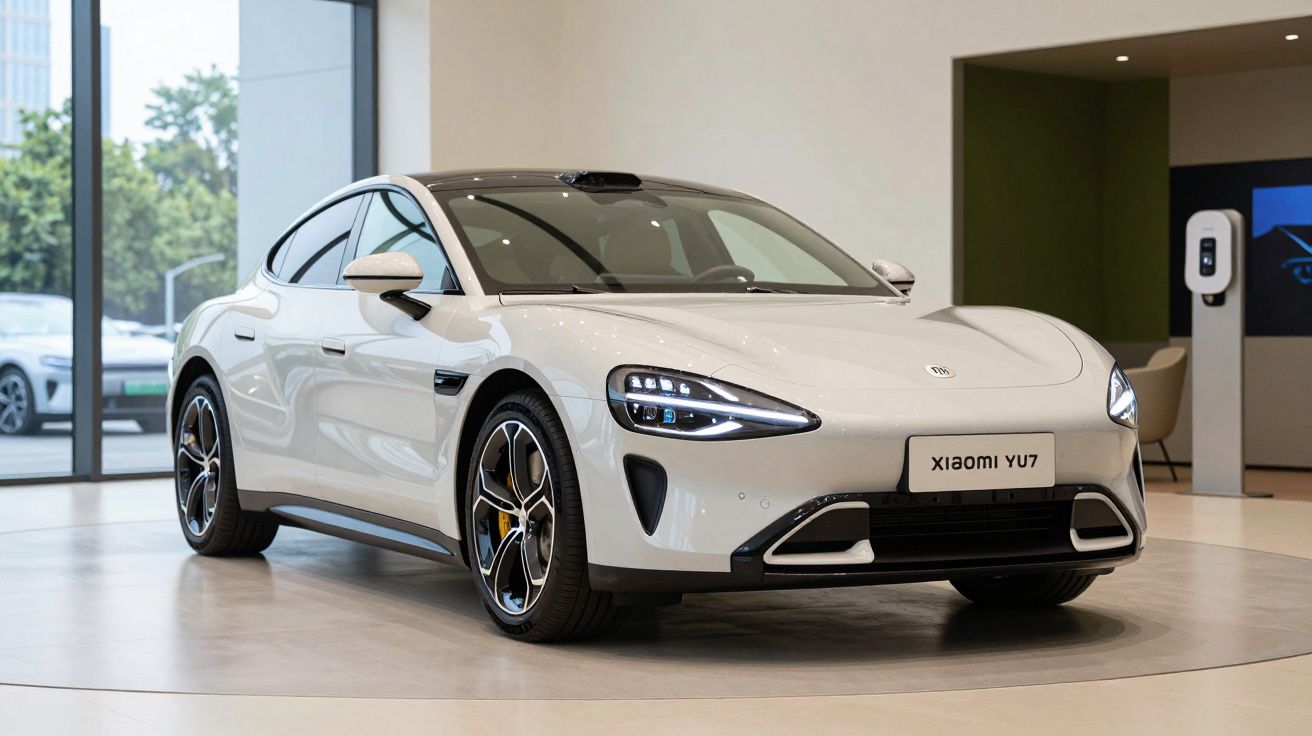 Automóvel eléctrico branco Xiaomi YU7 em ambiente interior moderno, com faróis dianteiros acesos.