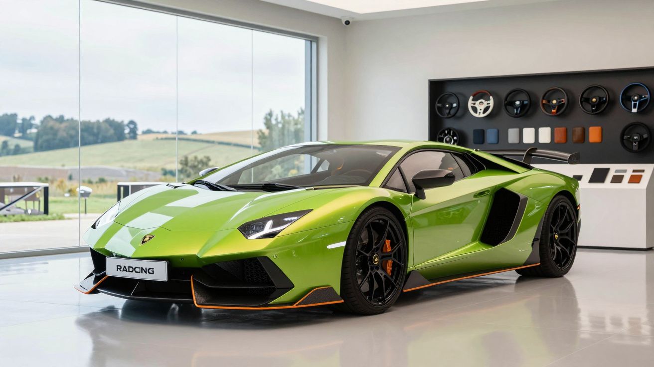 Carro desportivo Lamborghini verde com detalhes laranja em exposição numa sala moderna e luminosa