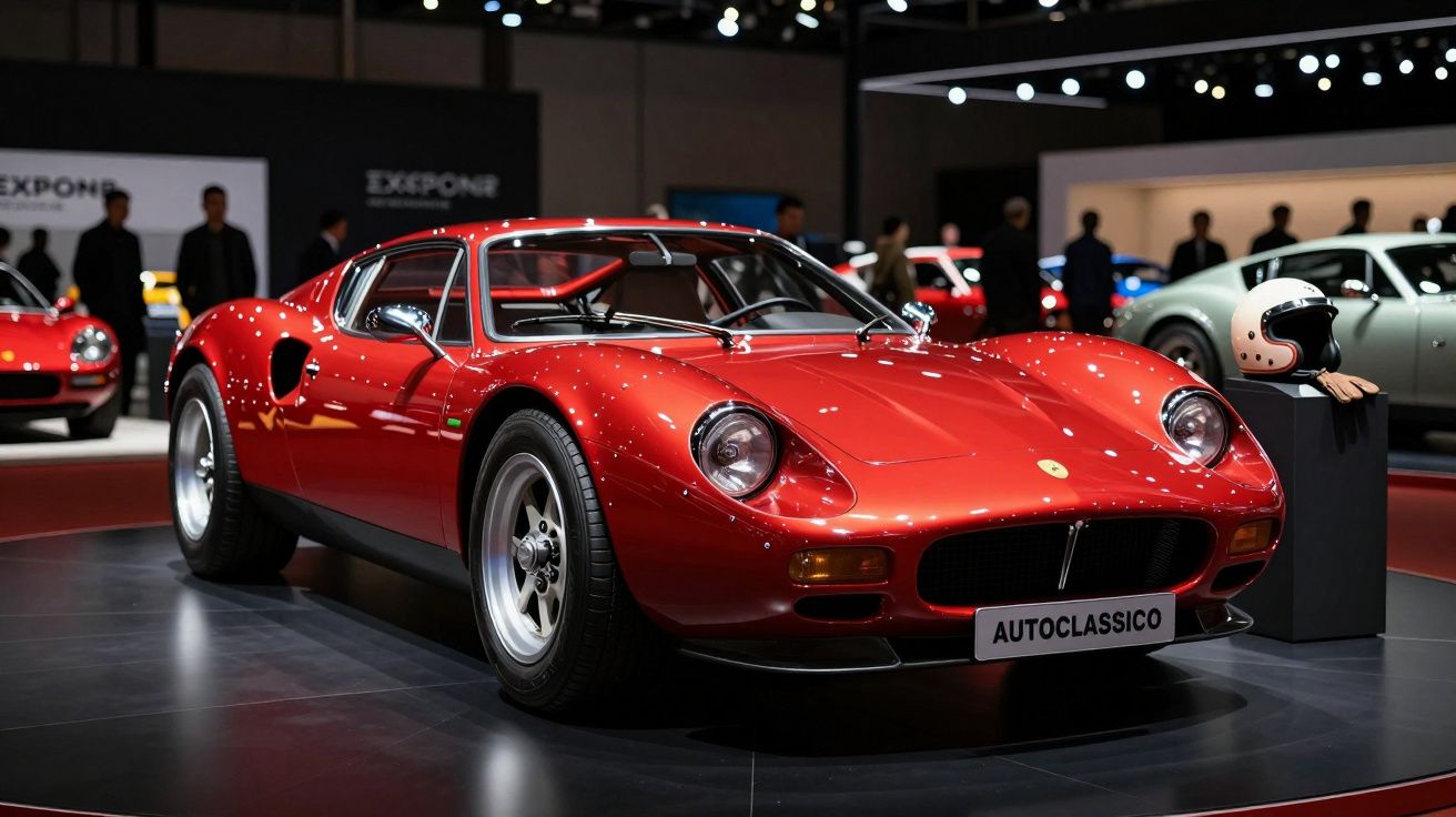 Carro desportivo clássico vermelho exposto em salão automóvel com capacete vintage ao lado.