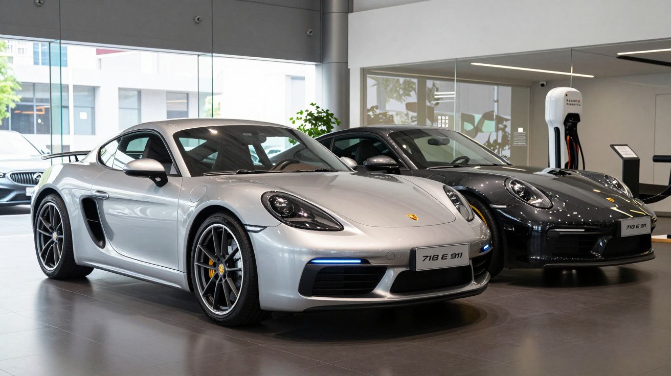 Dois carros Porsche 718 E 911, um prata e outro preto, exibidos numa sala moderna com carregador elétrico.