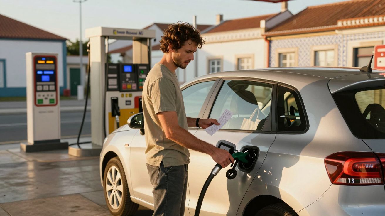 Homem com camiseta bege a abastecer carro prateado numa estação de serviço, segurando um papel na mão.